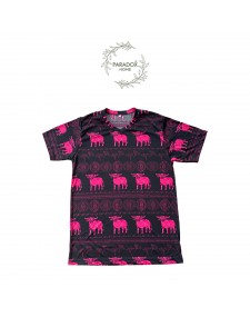 เสื้อส้มคอวี สีพื้นดำควายชมพูนาโน ลายควายวิถีไทย