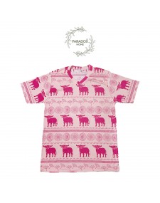 เสื้อส้มคอวี สีพื้นครีมควายชมพูเเขนสั้น ลายควายวิถีไทย