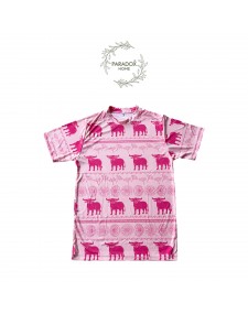 เสื้อคอกลม สีพื้นครีมควายชมพูเเขนสั้น ลายควายวิถีไทย