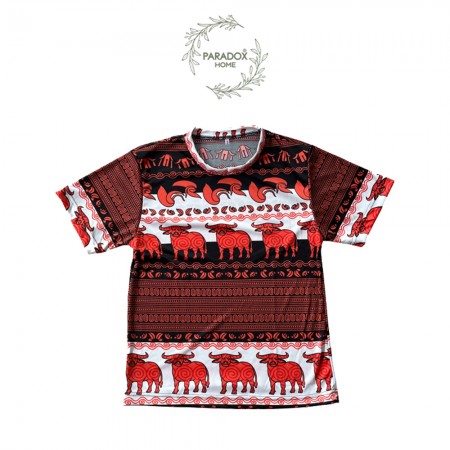 เสื้อเด็กเล็กคอกลม คอกลม สีพื้นขาวควายส้ม ลายควายวิถีไทย