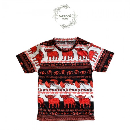 เสื้อเด็กโตคอกลม คอกลม สีพื้นขาวควายส้ม ลายควายวิถีไทย